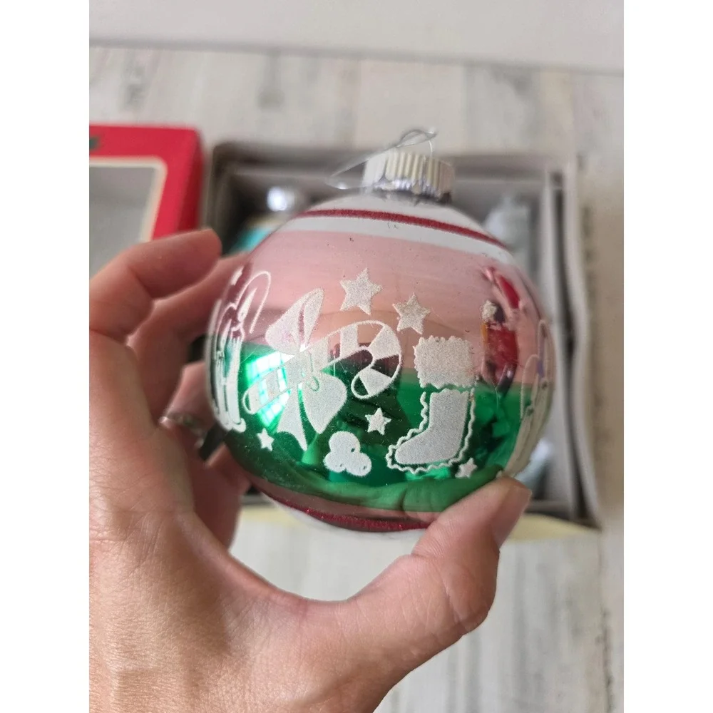 Vintage shiny brite jumbo ornament stencil toy striped set Xmas tree tournaments